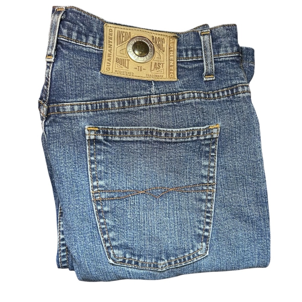 Vintage Ikeda mens jeans size‎ 36 straight blue denim pants leather logo Y2K